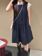 原C&S女装简约25夏季新款日系圆领褶皱小清新无袖背心迷你连衣裙