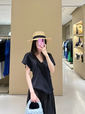 原C&S女装风格小飞袖花瓣袖显瘦V领短袖T恤上衣夏季新品