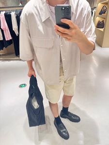 原 C&S男装休闲版型口袋装饰短袖棉质条纹衬衫夏季新品