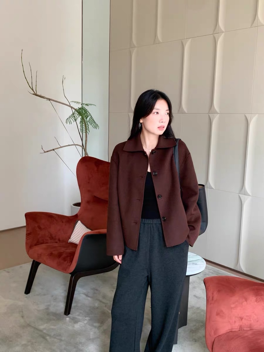 原 大牌女装暗红色女士短款翻领毛呢外套秋冬新品
