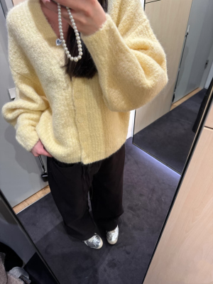 原 CS标准版鹅黄色v领羊驼毛混纺开衫毛衣秋冬新品