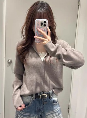 原 CS女士标准版型v领垂褶全羊毛摩尔灰色长袖针织衫秋冬新品