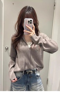 原 CS女士标准版型v领垂褶全羊毛摩尔灰色长袖针织衫秋冬新品