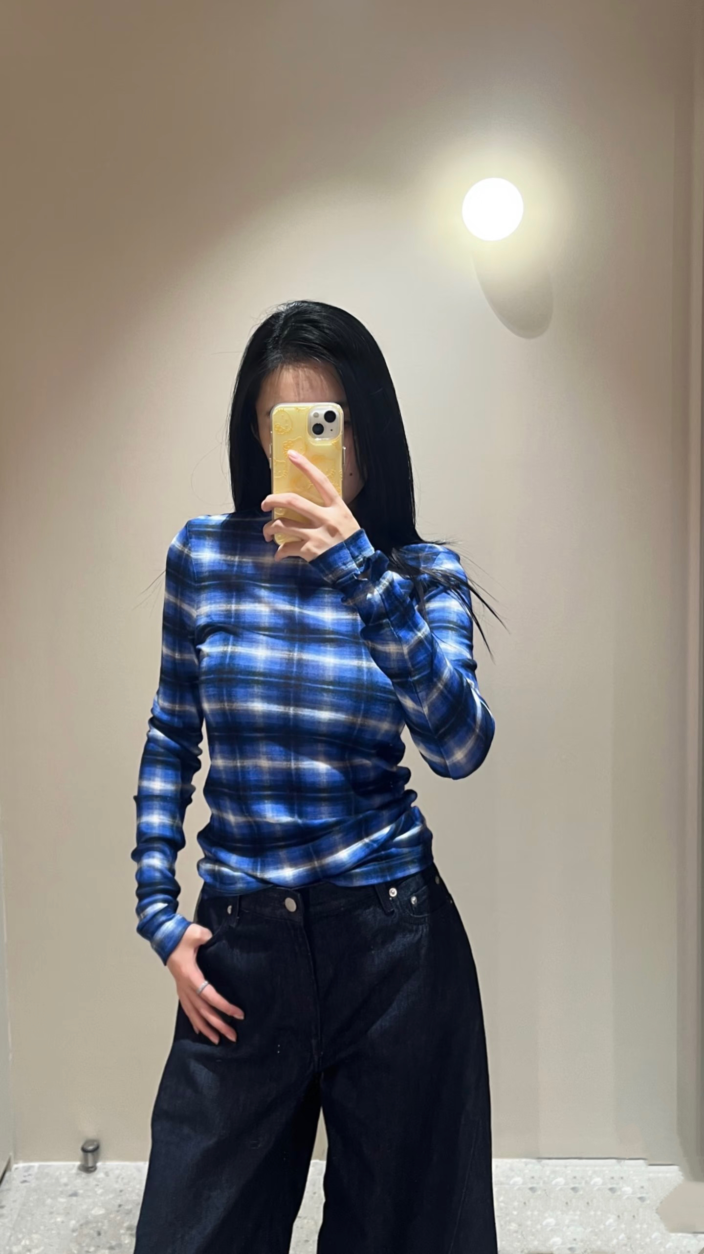 蓝色格纹美利奴羊毛针织打底衫