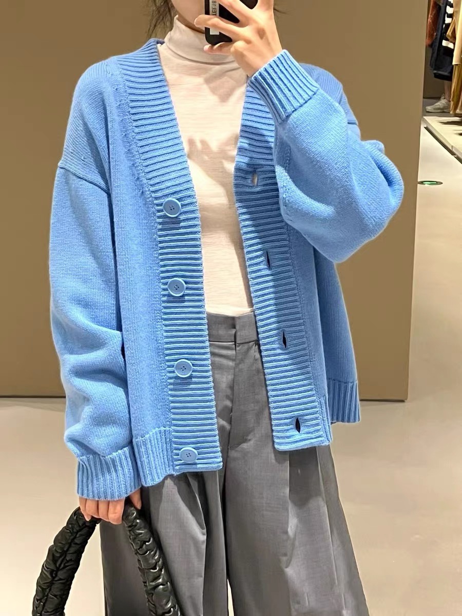 原C&S全羊毛款纯色罗纹V领开衫