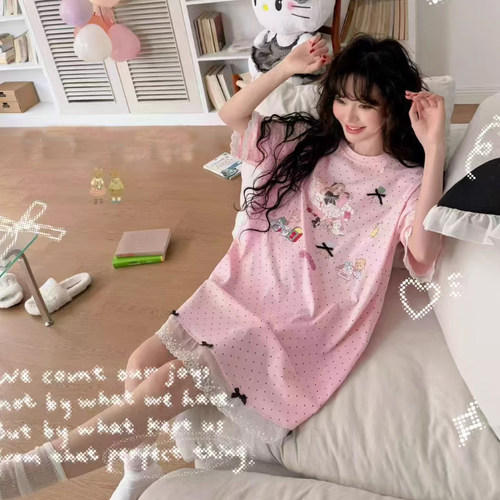 卡通公主波点甜美圆领女短袖睡裙