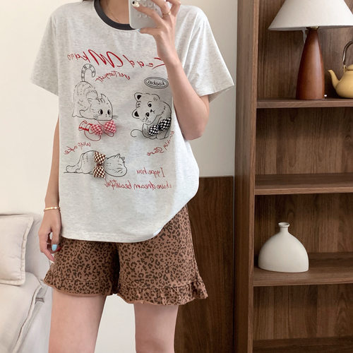 卡通小猫休闲豹纹纯棉薄款套装女