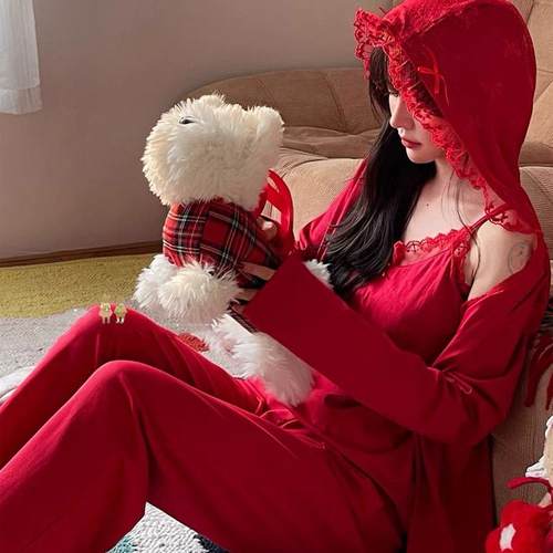 三件套装睡衣连帽长袖蕾丝家居服