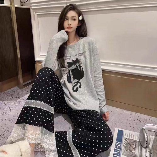 小猫卡通波点蕾丝日系甜美睡衣