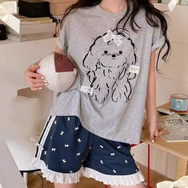 卡通小狗花边蝴蝶结花边日式少女短袖短裤纯棉睡衣家居服可外穿女
