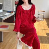 新年红色韩版 家居服 针织棉春季 娃娃服睡衣女蕾丝花边波点长袖 长裤