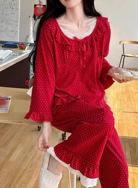 新年红色韩版娃娃服睡衣女蕾丝花边波点长袖长裤针织棉春季家居服