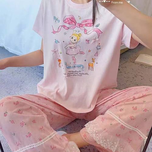 卡通女孩花边蕾丝碎花睡衣短袖长