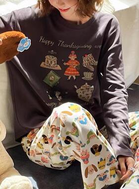 秋季女生下午茶卡通长袖睡衣纯棉薄款长裤女可外穿家居服圆领套装