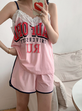 吊带无袖短裤套装女士运动字母花边蕾丝睡衣少女减龄学生家居服女