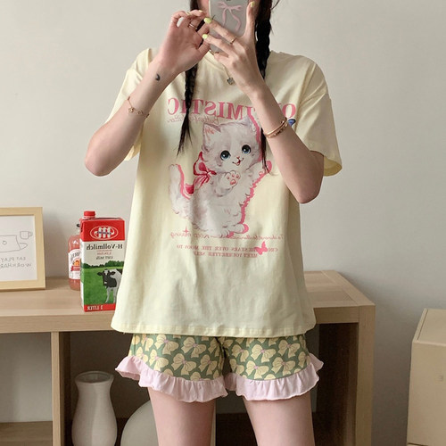 甜美卡通日系少女花边睡衣