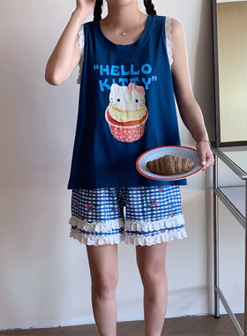 KITTY猫卡通背心无袖短裤睡衣套装纯棉薄款凉快长袖女套装家居服