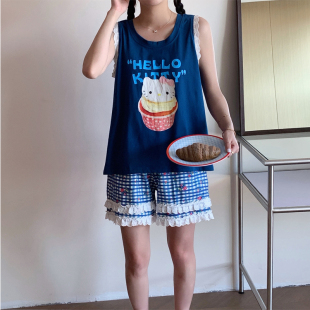 短裤 纯棉薄款 KITTY猫卡通背心无袖 睡衣套装 家居服 凉快长袖 女套装