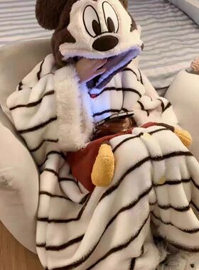 米奇条纹珊瑚绒女士睡袍冬季保暖长袖开衫长裤法兰绒连帽家居服女