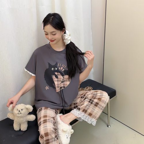 卡通小猫格子花边日系睡衣短袖女