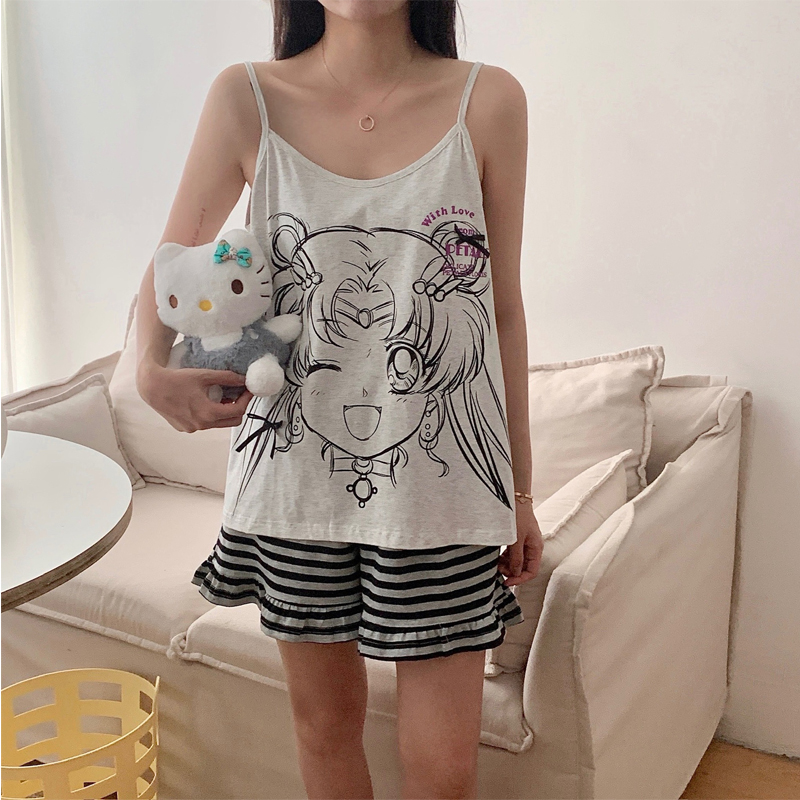 美少女战士月野兔吊带无袖短裤睡衣套装夏季薄款针织棉家居服女士