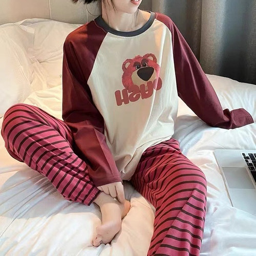 草莓熊甜美条纹插肩拼色纯棉薄款秋季女士宽松睡衣套装长袖长裤女