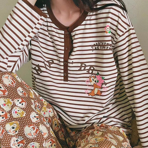 小松鼠网红条纹半开扣甜美卡通女纯棉长袖长裤女士睡衣春秋家居服