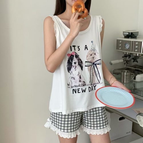 小狗花边蕾丝无袖背心短裤女士