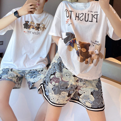 夏季小熊卡通可爱短袖短裤纯棉薄款男女情侣装圆领套头睡衣家居服