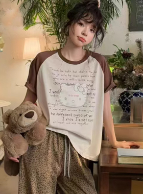 KITTY猫豹纹短袖长裤短裤春夏季纯棉薄款睡衣女士可外穿女家居服