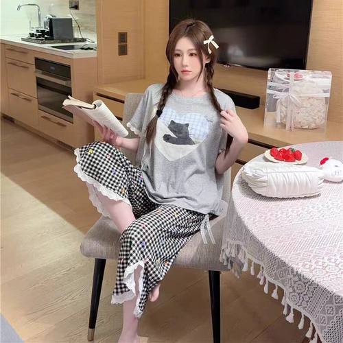 猫咪格子爱心睡衣短袖七分裤