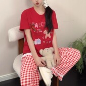 春夏新款 睡衣日系甜美女士家居服 薄款 小木马卡通格子纯棉短袖 长裤