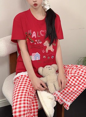 春夏新款小木马卡通格子纯棉短袖长裤薄款睡衣日系甜美女士家居服