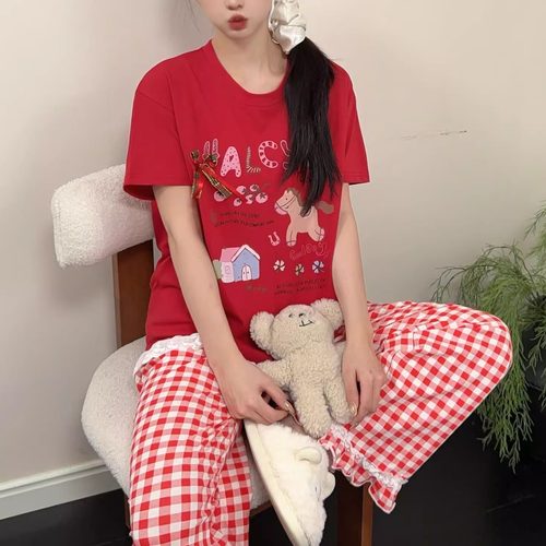 春夏新款小木马卡通格子纯棉短袖