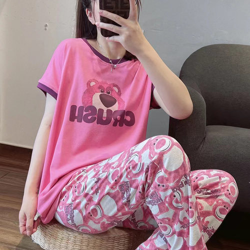 甜美草莓熊卡通薄款女士睡衣圆领短袖长裤春夏季甜美ins女家居服