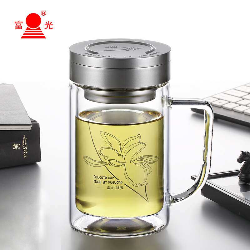 富光双层玻璃杯带把手柄办公家用喝水杯男大容量带盖过滤泡茶杯子