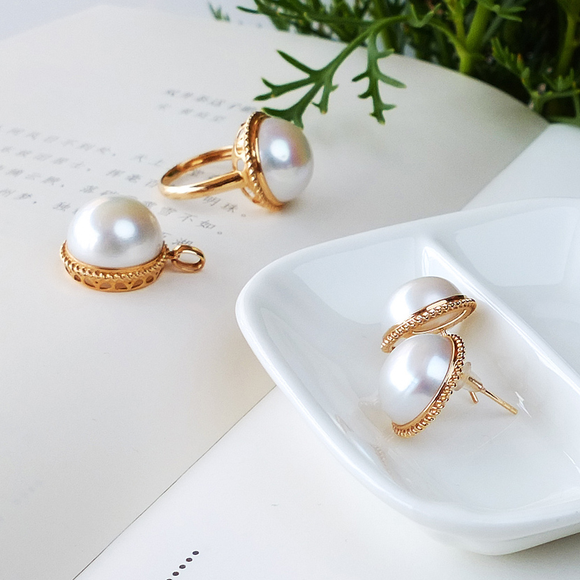 天然马贝玫瑰金项链吊坠套装首饰强珠光气质耳钉戒指女款收藏包邮