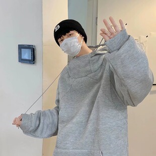 连帽卫衣男春秋季薄款高领纯色日系港风上衣宽松bf慵懒风情侣衣服