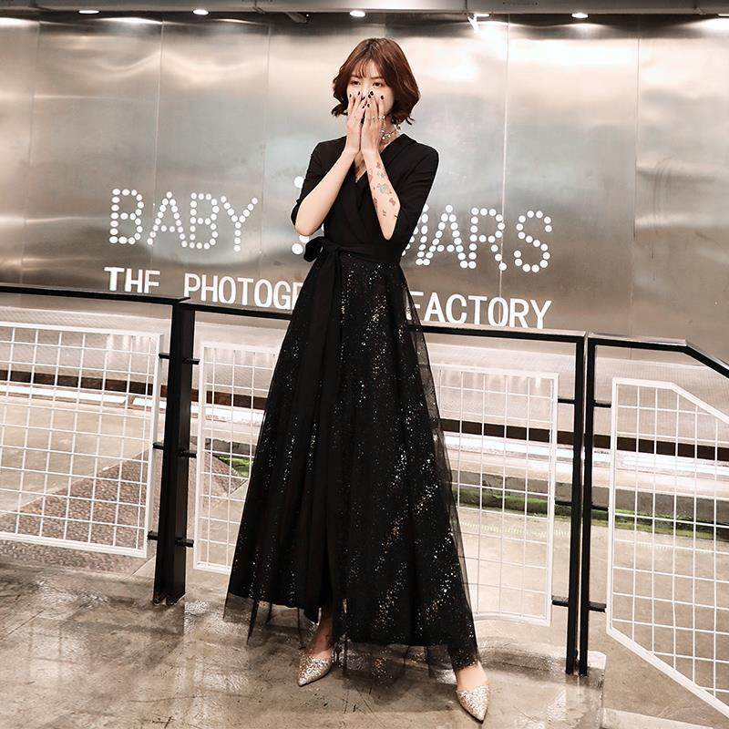 黑色晚礼服女平时可穿长款宴会气质连衣裙演出服年会主持人晚礼服