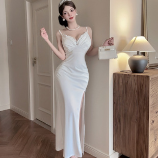 名媛风时尚 晚礼服辣妹性感低胸吊带连衣裙显瘦高开叉包臀长裙 修身