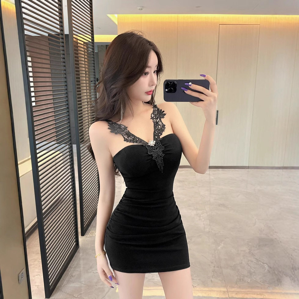 短裙夏季新款气质性感优质蕾丝拼花边接棉质修身短袖包臀连衣裙女