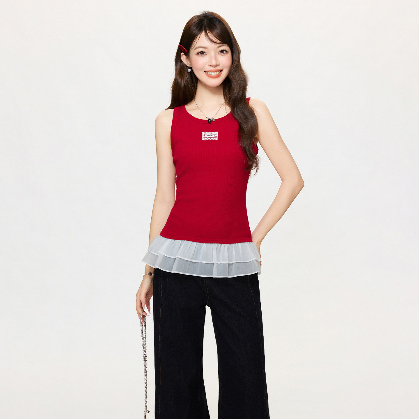 韩系荷叶边蕾丝裙摆拼接吊带女2026年夏季红色温柔风打底背心上衣