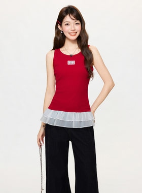 韩系荷叶边蕾丝裙摆拼接吊带女2026年夏季红色温柔风打底背心上衣