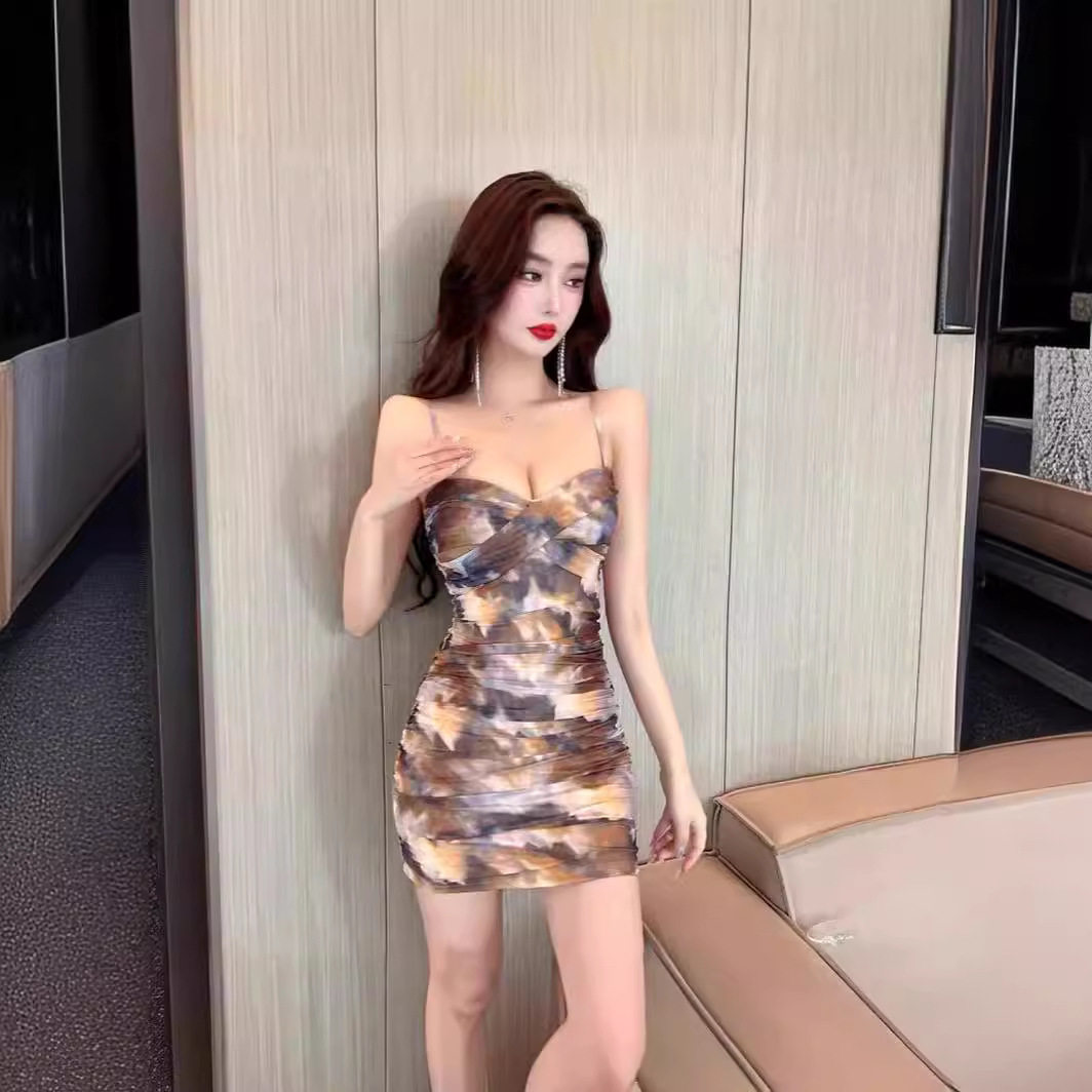 性感网纱印花吊带打底包臀连衣裙子2026夏季新款女装气质显瘦短裙