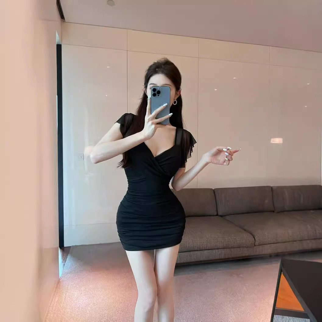 新款夏季性 感网纱简约褶皱连衣裙蹦迪ktv服务员工作服女技师短裙