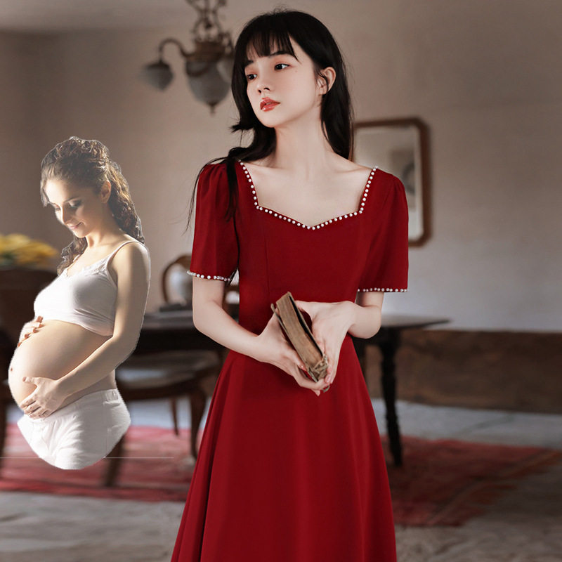 酒红色新娘结婚敬酒服冬季小个子气质订婚晚礼服女连衣裙孕妇大码