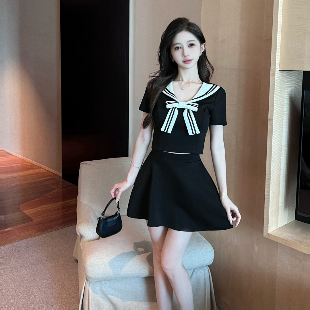 2026新款时尚辣妹减龄JK制服撞色修身显瘦短款上衣高腰半身裙套装