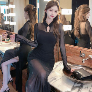 镂空开叉连衣裙 改良旗袍长裙夜店按摩工作服性感修身 新款 时尚