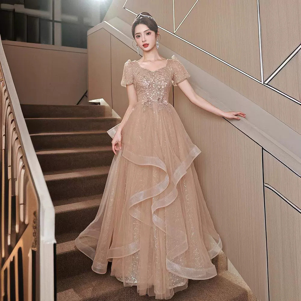 艺考声乐独唱高级感晚礼服女宴会气质轻奢大码胖MM香槟主持人长裙