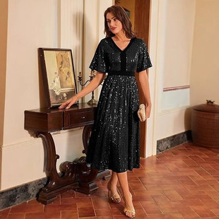 2026新款女式亮片V领褶皱袖高腰闪亮A字型鸡尾酒会正式礼服裙批发